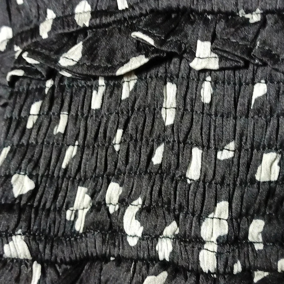 Y2K printed black & white surplice mini dress sheer sleeves lined skirt small - Picture 6 of 16